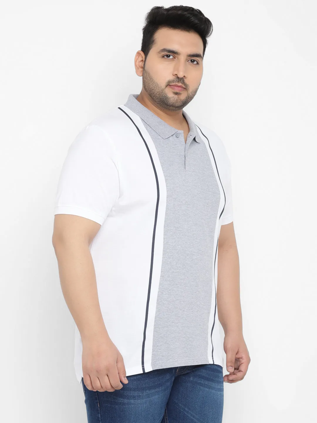 Plus Men's White, Grey, Navy Blue Colour-Block Regular Fit Half Sleeve Cotton Polo T-Shirt