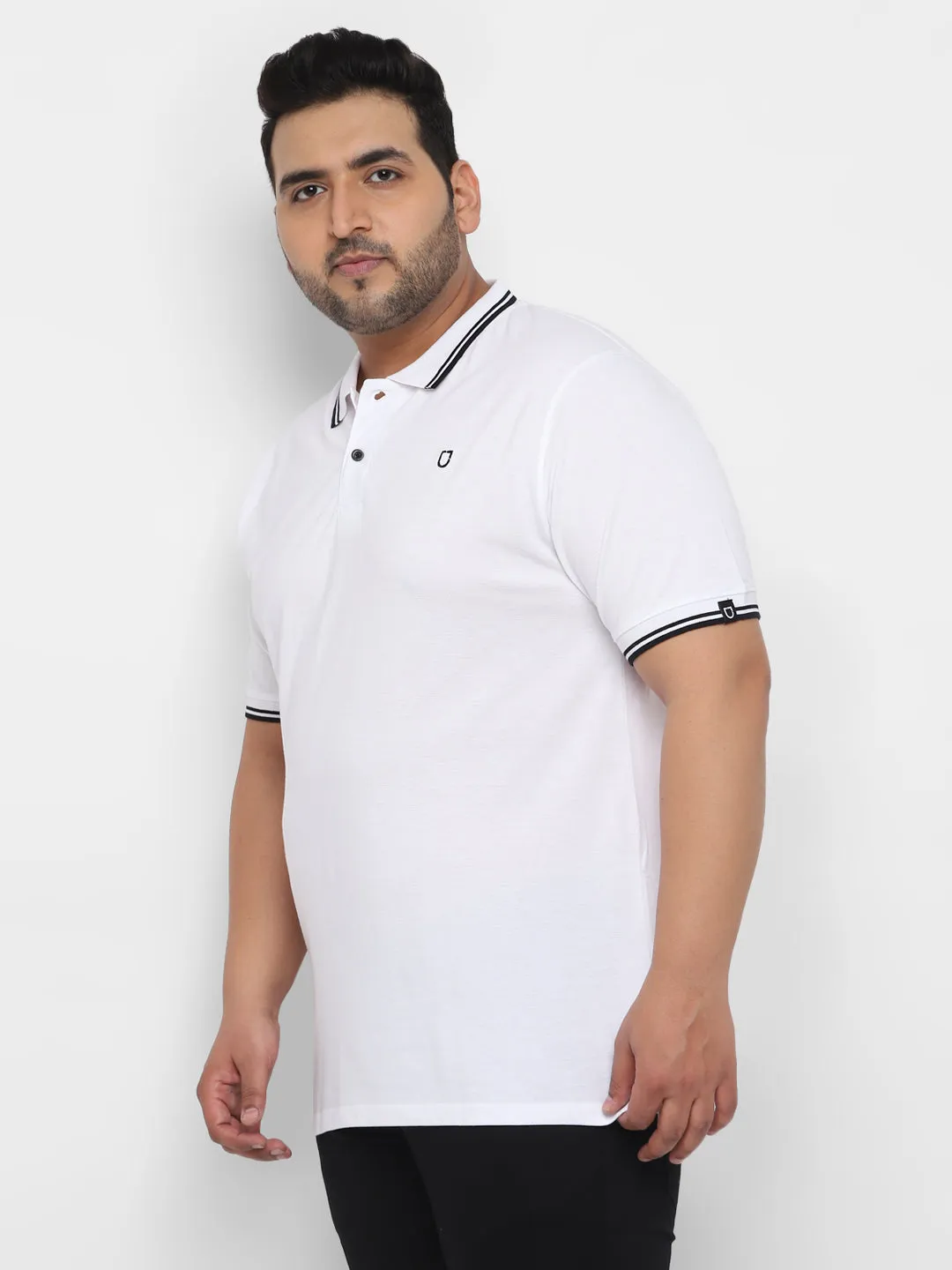 Plus Men's White Solid Regular Fit Half Sleeve Cotton Polo T-Shirt