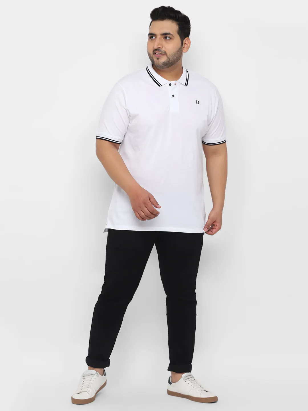 Plus Men's White Solid Regular Fit Half Sleeve Cotton Polo T-Shirt