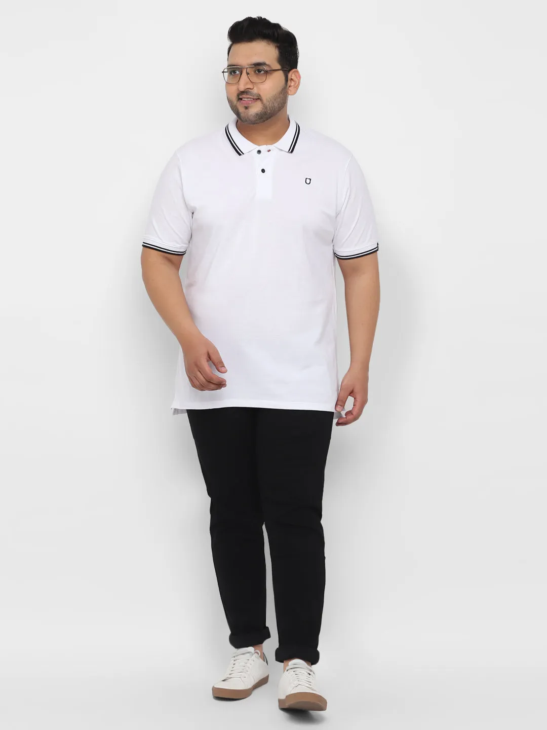 Plus Men's White Solid Regular Fit Half Sleeve Cotton Polo T-Shirt