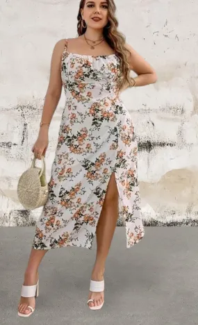 Plus size floral print side split cami dress