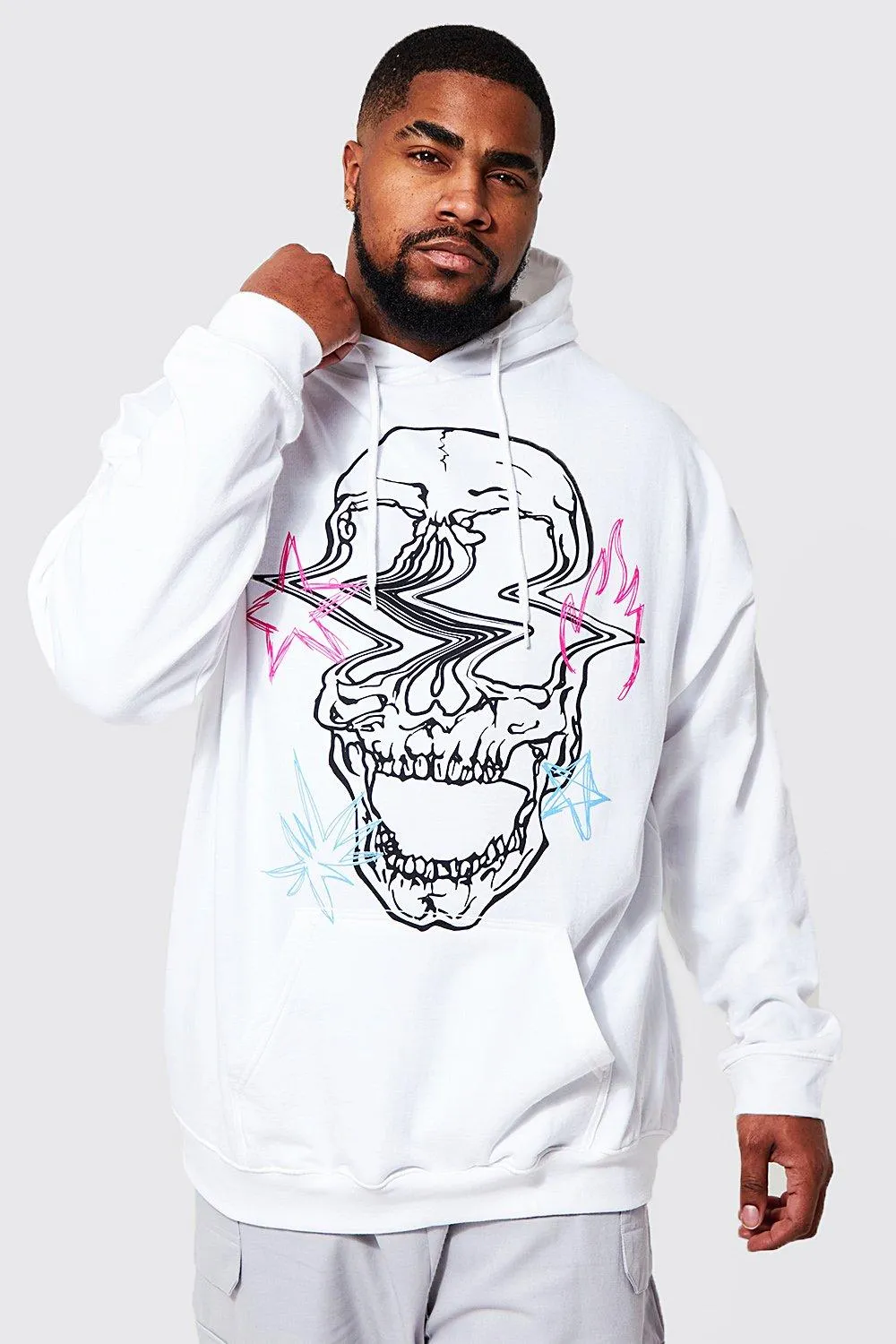 Plus Skull Graffiti Doodle Print Hoodie | boohooMAN UK