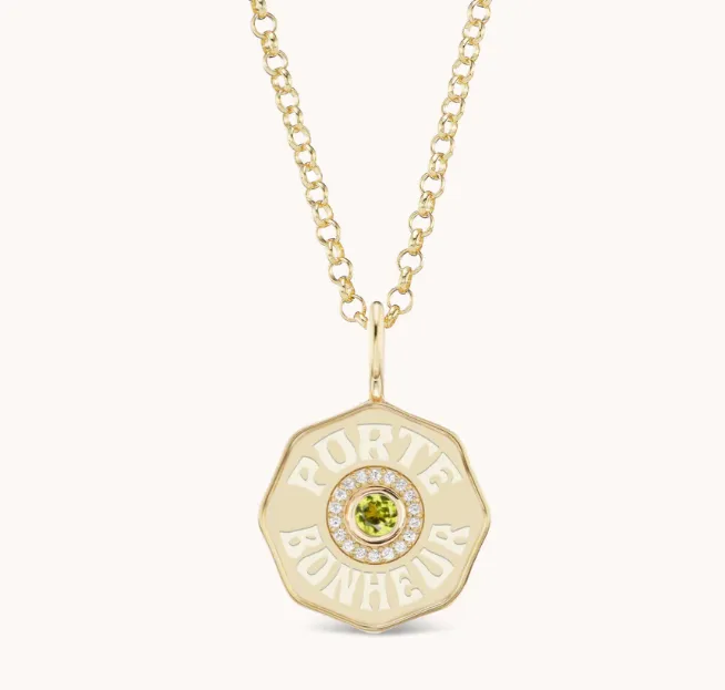 RAISED GOLD MINI DIAMOND HALO WITH PERIDOT CENTER PORTE BONHEUR NECKLACE