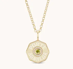 RAISED GOLD MINI DIAMOND HALO WITH PERIDOT CENTER PORTE BONHEUR NECKLACE