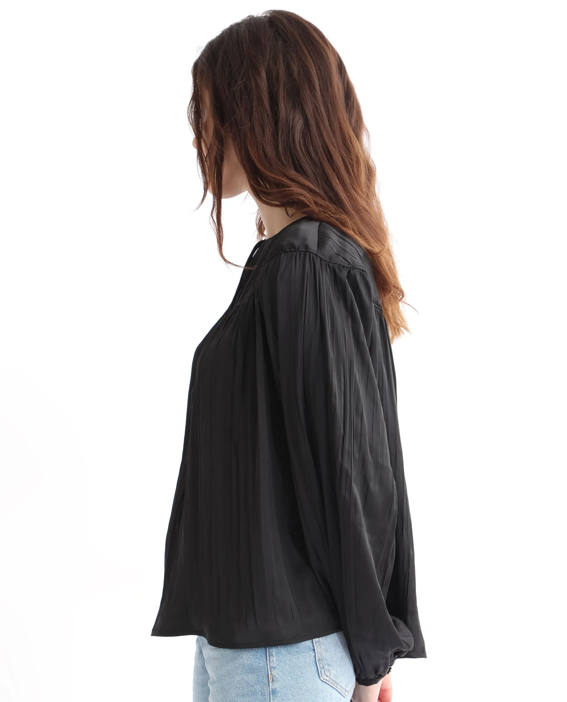 Rareism Women Agathe Black Polyester Fabric Full Sleeves Tie-Up Neck Balloon Sleeve Relaxed Fit Plain Top