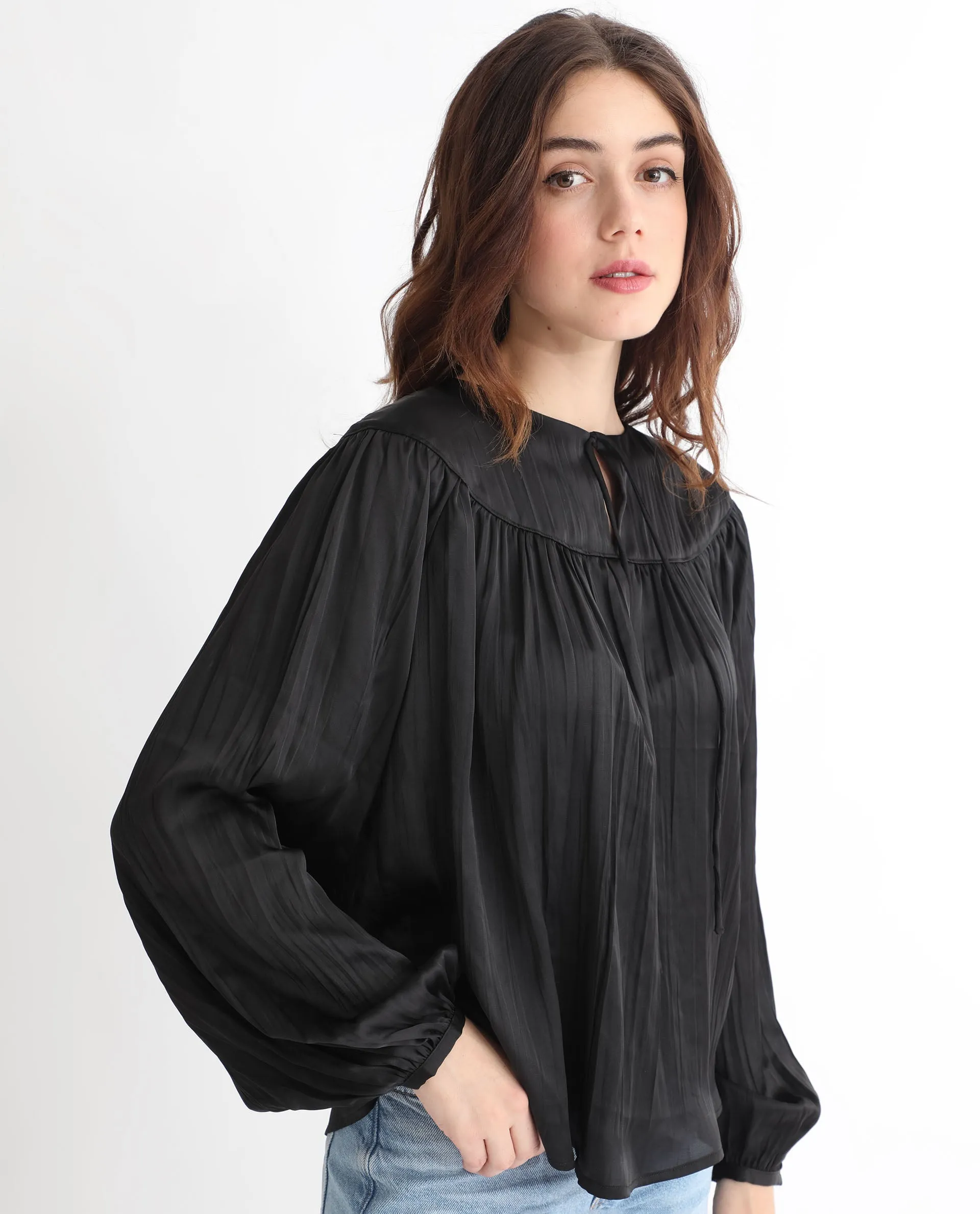 Rareism Women Agathe Black Polyester Fabric Full Sleeves Tie-Up Neck Balloon Sleeve Relaxed Fit Plain Top