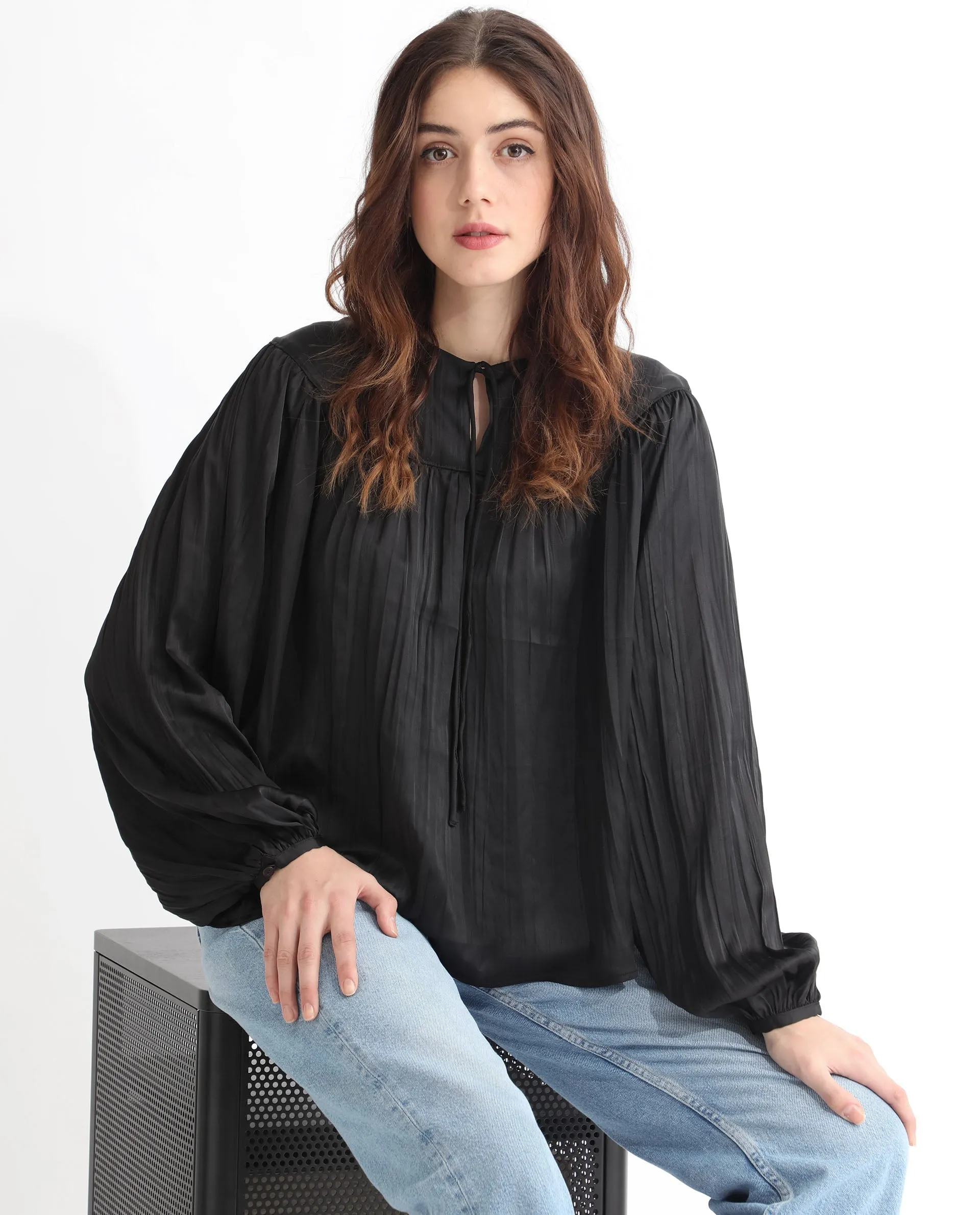 Rareism Women Agathe Black Polyester Fabric Full Sleeves Tie-Up Neck Balloon Sleeve Relaxed Fit Plain Top