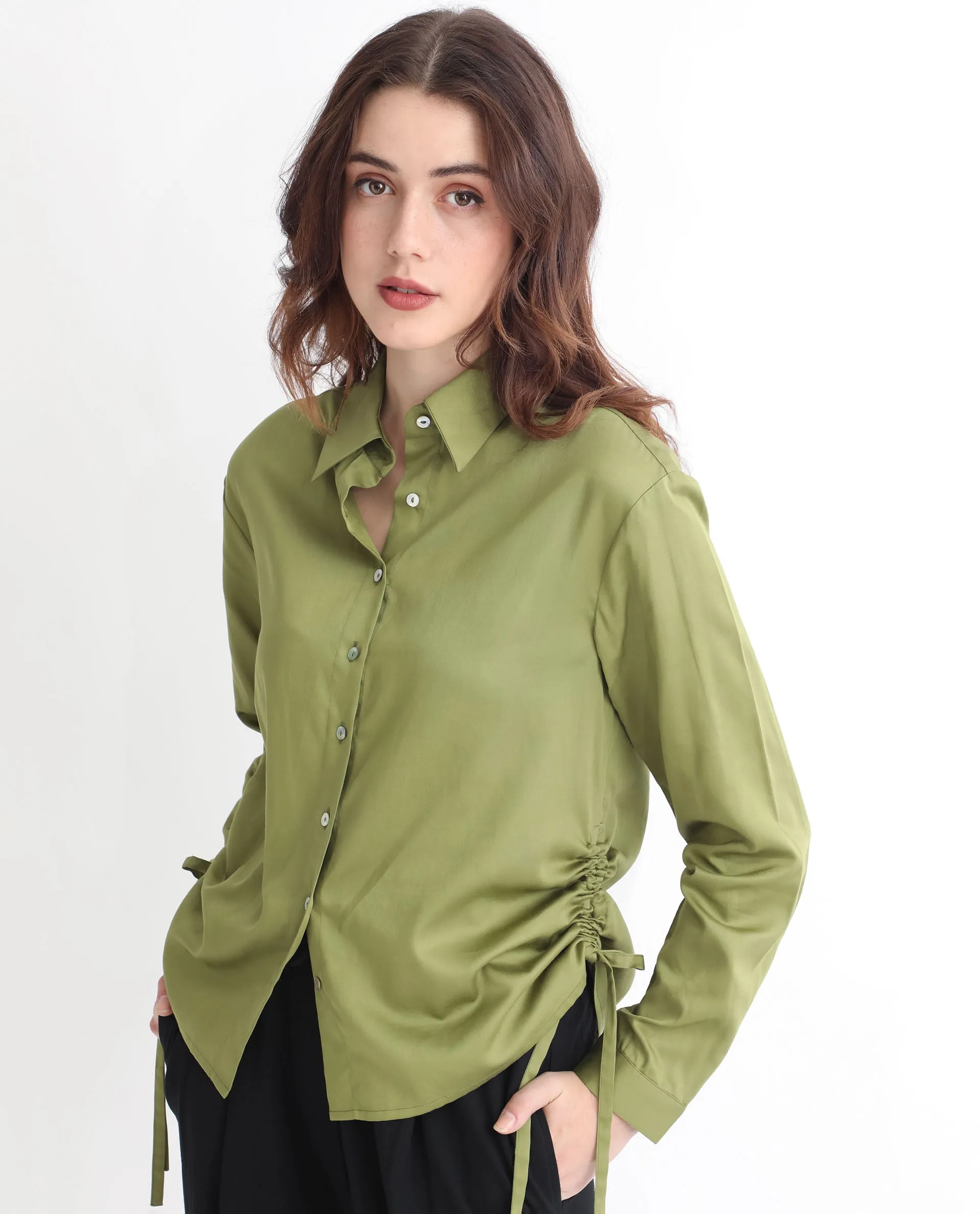 Rareism Women Avocado Olive Cotton Fabric Regular Fit Shirt Collar Full Sleeves Solid Top