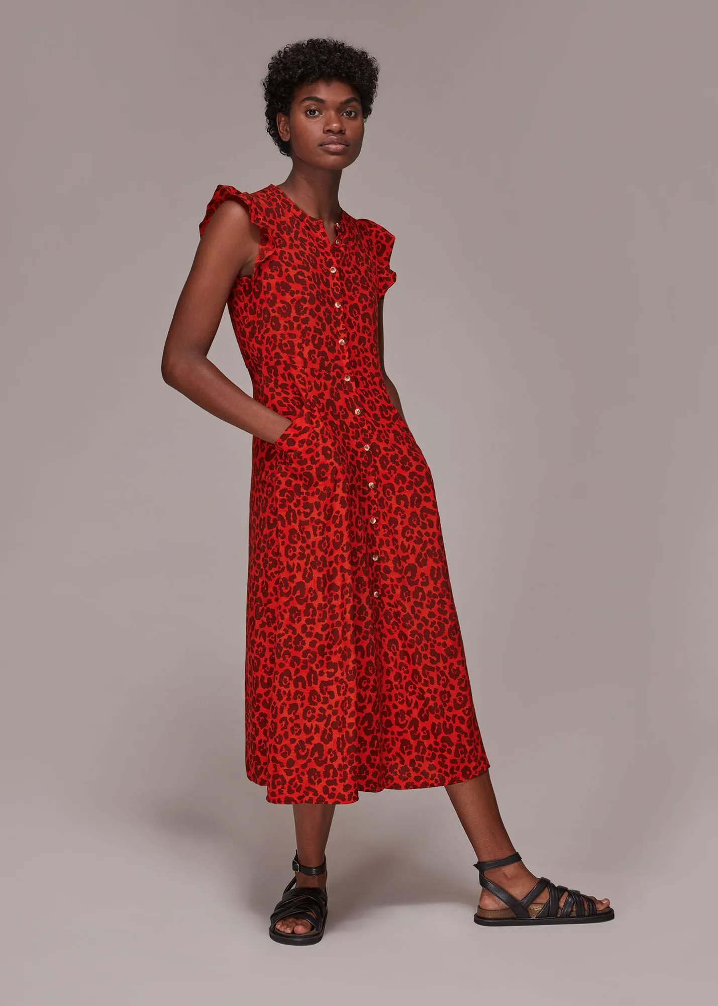 Red Animal Frill Sleeve Midi Dress