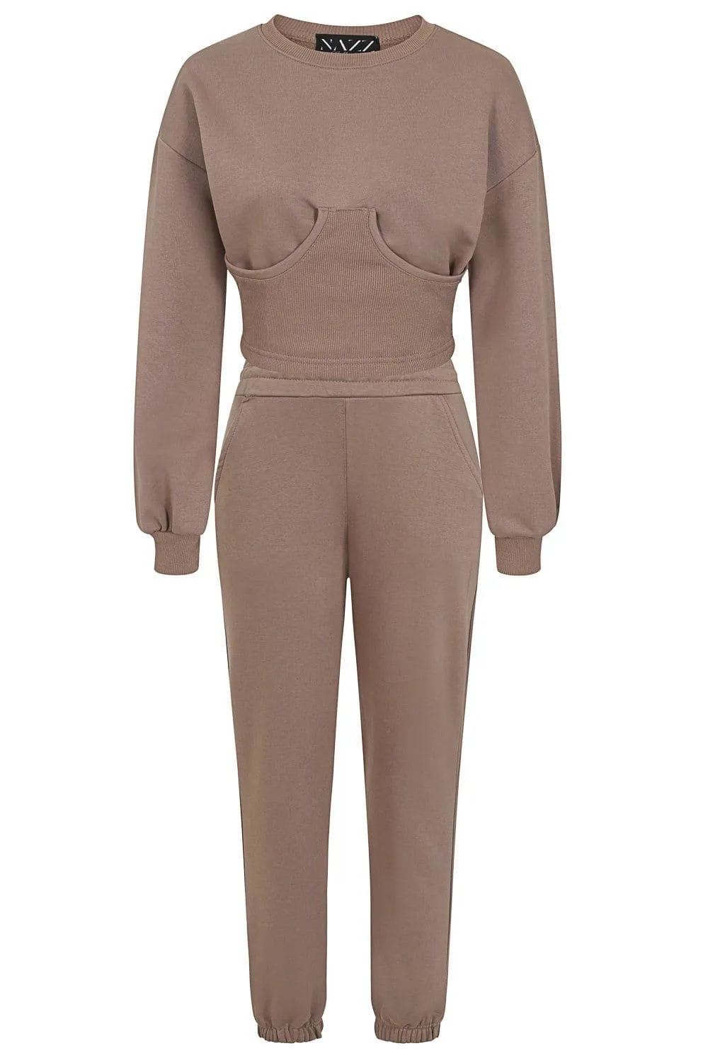 Sasha Taupe Under Bra Waisted Sweatshirt Tracksuit Set