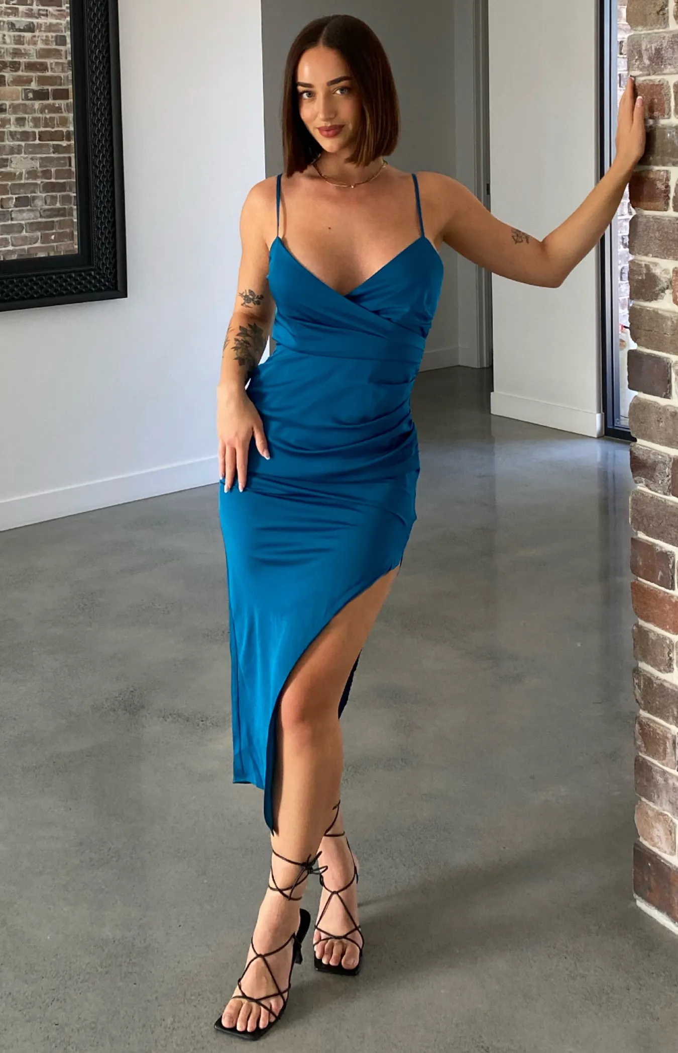 Satin Midi Dress with Side Pleated Detail (SDR1090B)