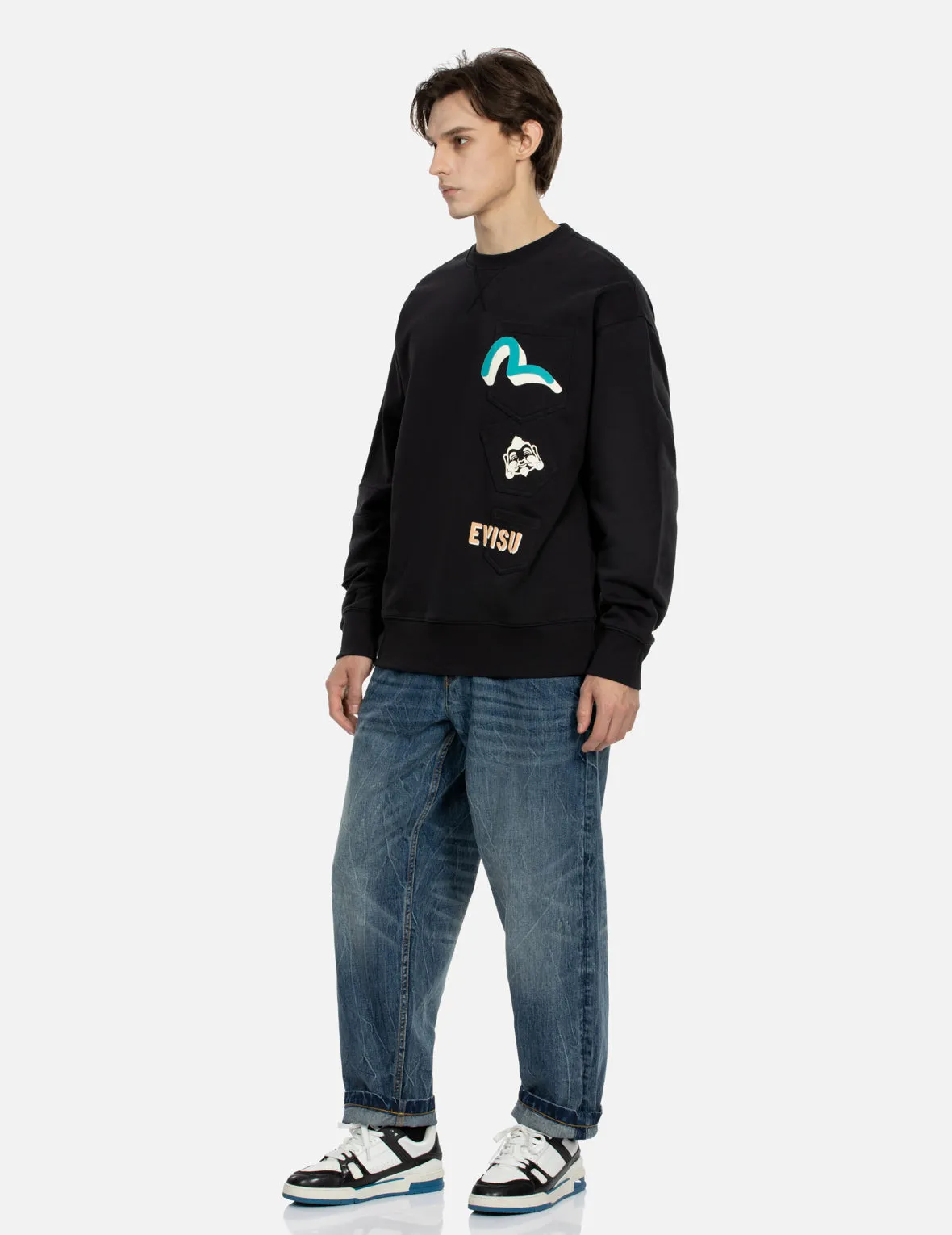 Seagull and Godhead Print Pocket Loose Fit Sweatshirt