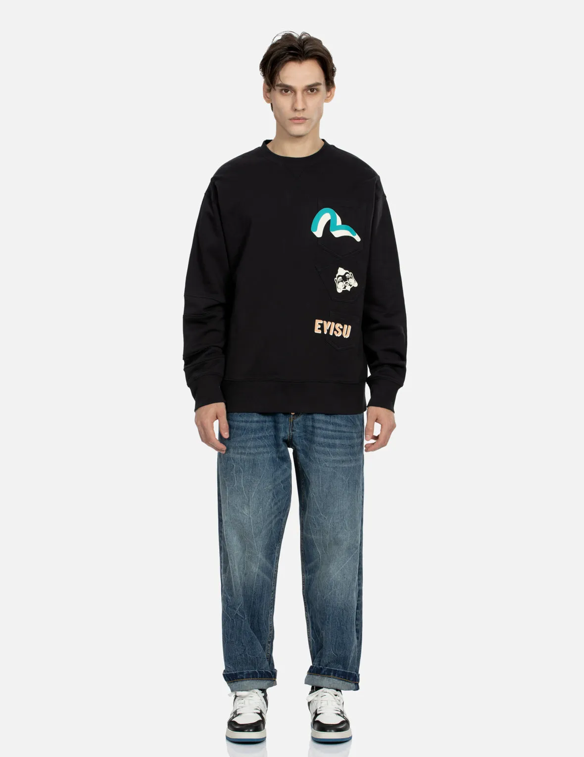 Seagull and Godhead Print Pocket Loose Fit Sweatshirt