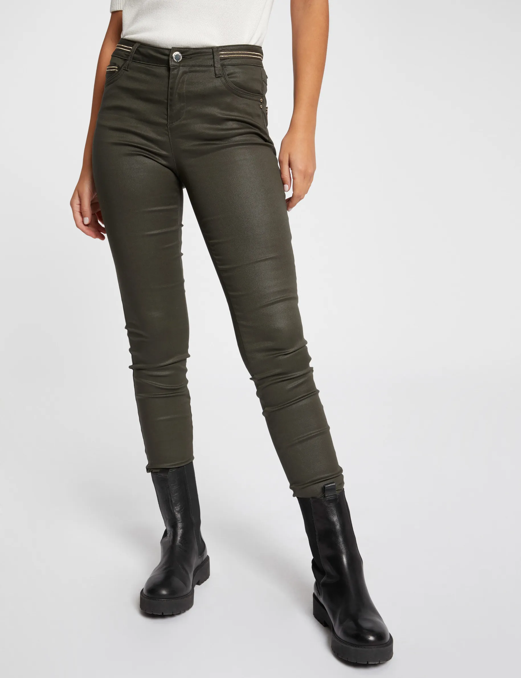 Slim trousers with wet effect dark green women