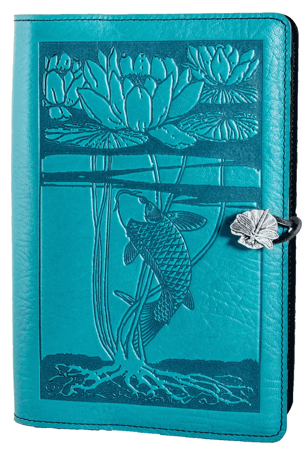 Small Leather Journal - Water Lily Koi in Teal