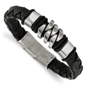 Stainless Steel & Black Leather Adjustable Bracelet, 7.5 to 8 Inch