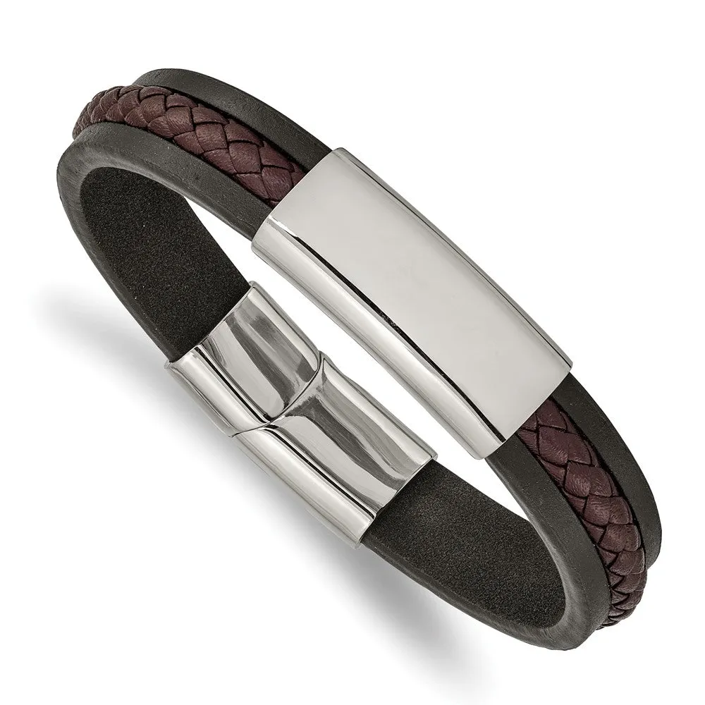 Stainless Steel, Black & Brown Braided Leather I.D. Bracelet, 8.25 In