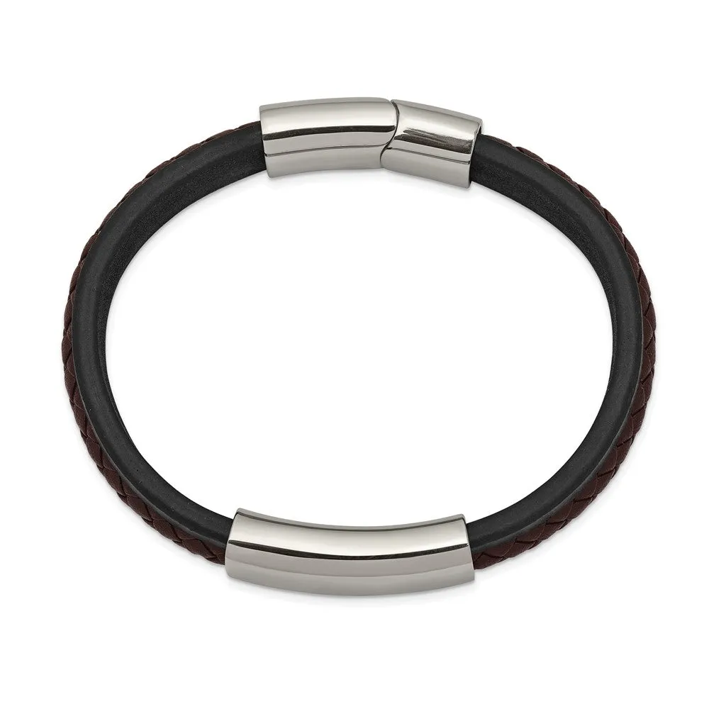 Stainless Steel, Black & Brown Braided Leather I.D. Bracelet, 8.25 In