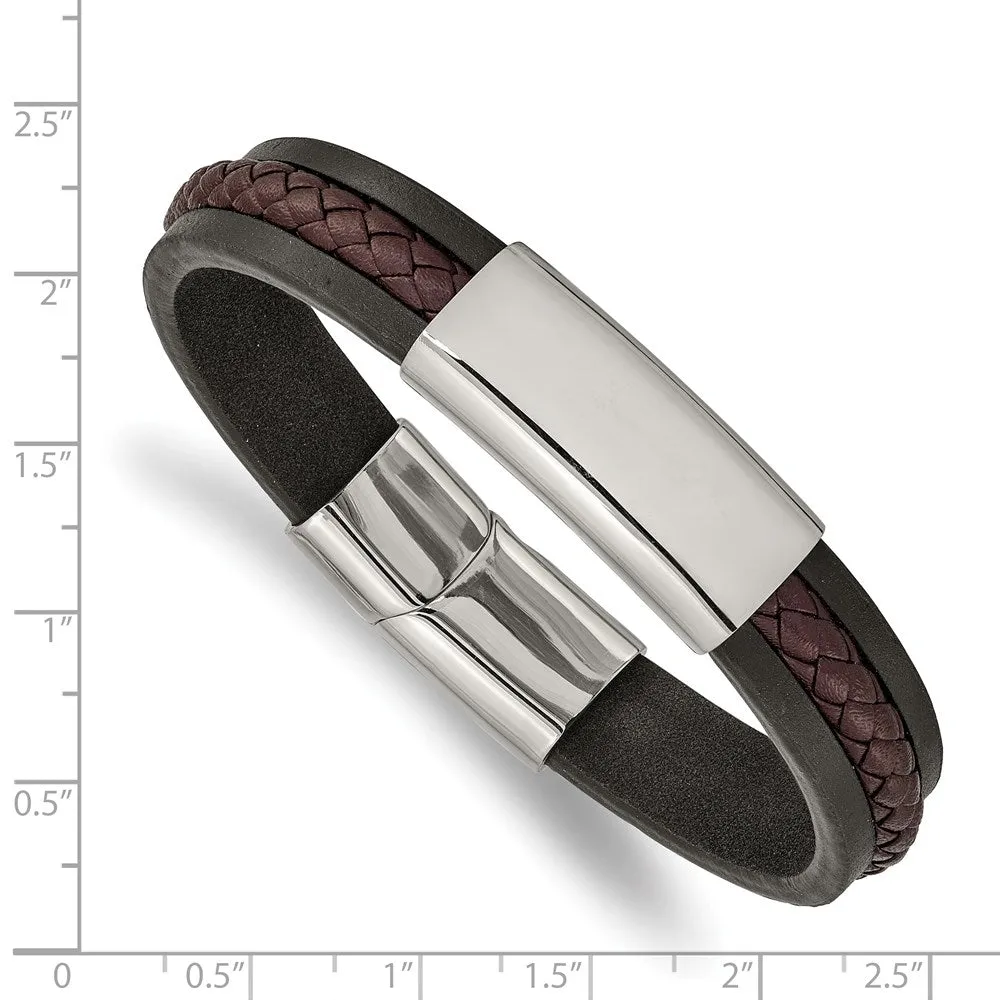 Stainless Steel, Black & Brown Braided Leather I.D. Bracelet, 8.25 In