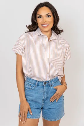 Stripe Poplin Vneck Top