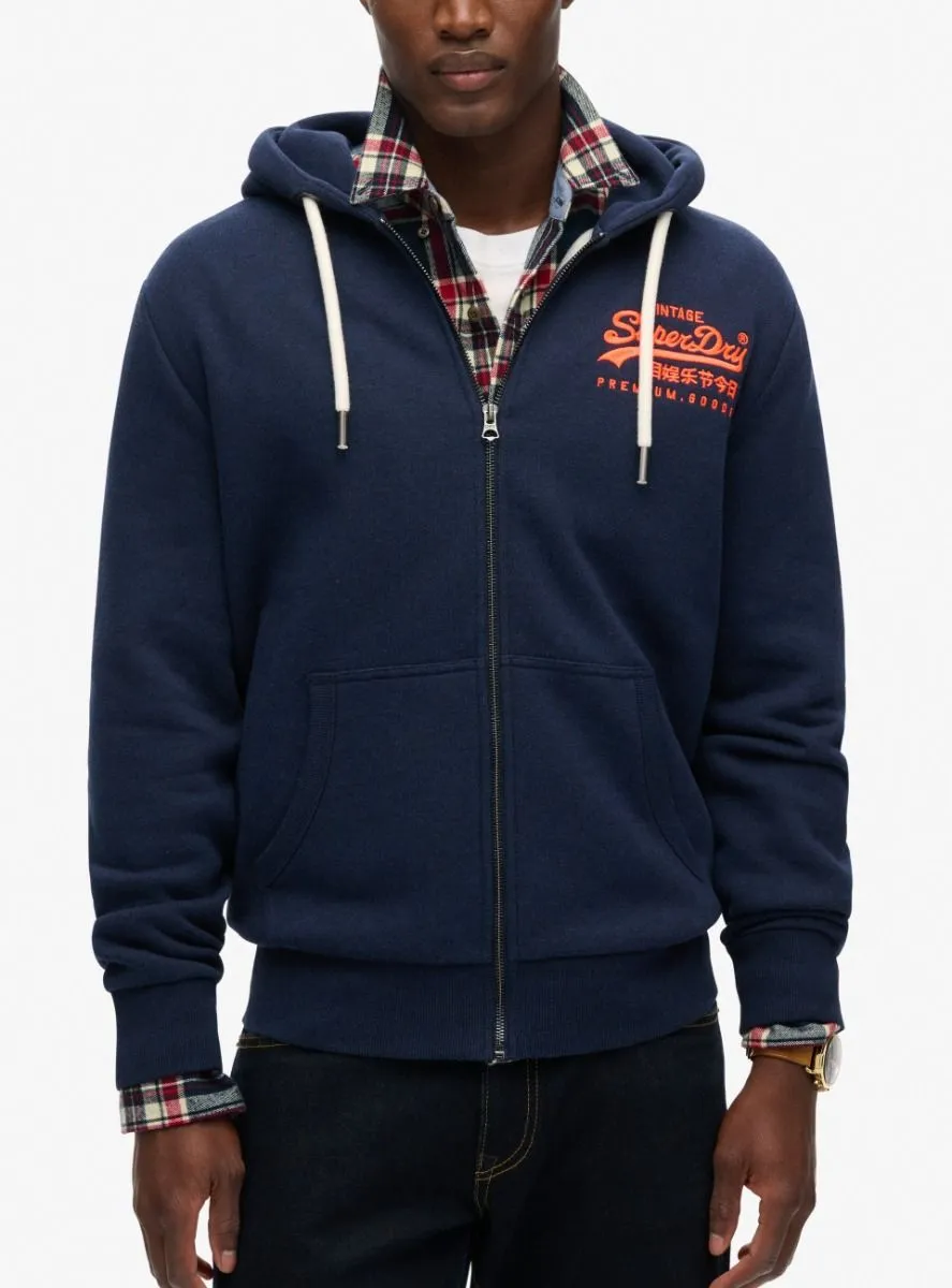 Superdry Neon Logo Graphic Zip Up Hooded Sweatshirts Rich Navy Marl