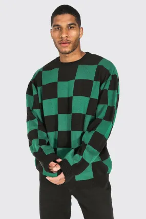 Tall Crew Neck Checkerboard Jumper | boohooMAN UK