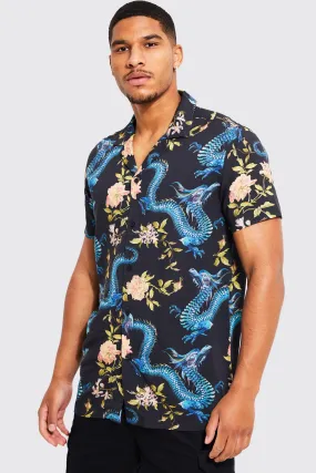 Tall Dragon Print Viscose Revere Shirt | boohooMAN UK