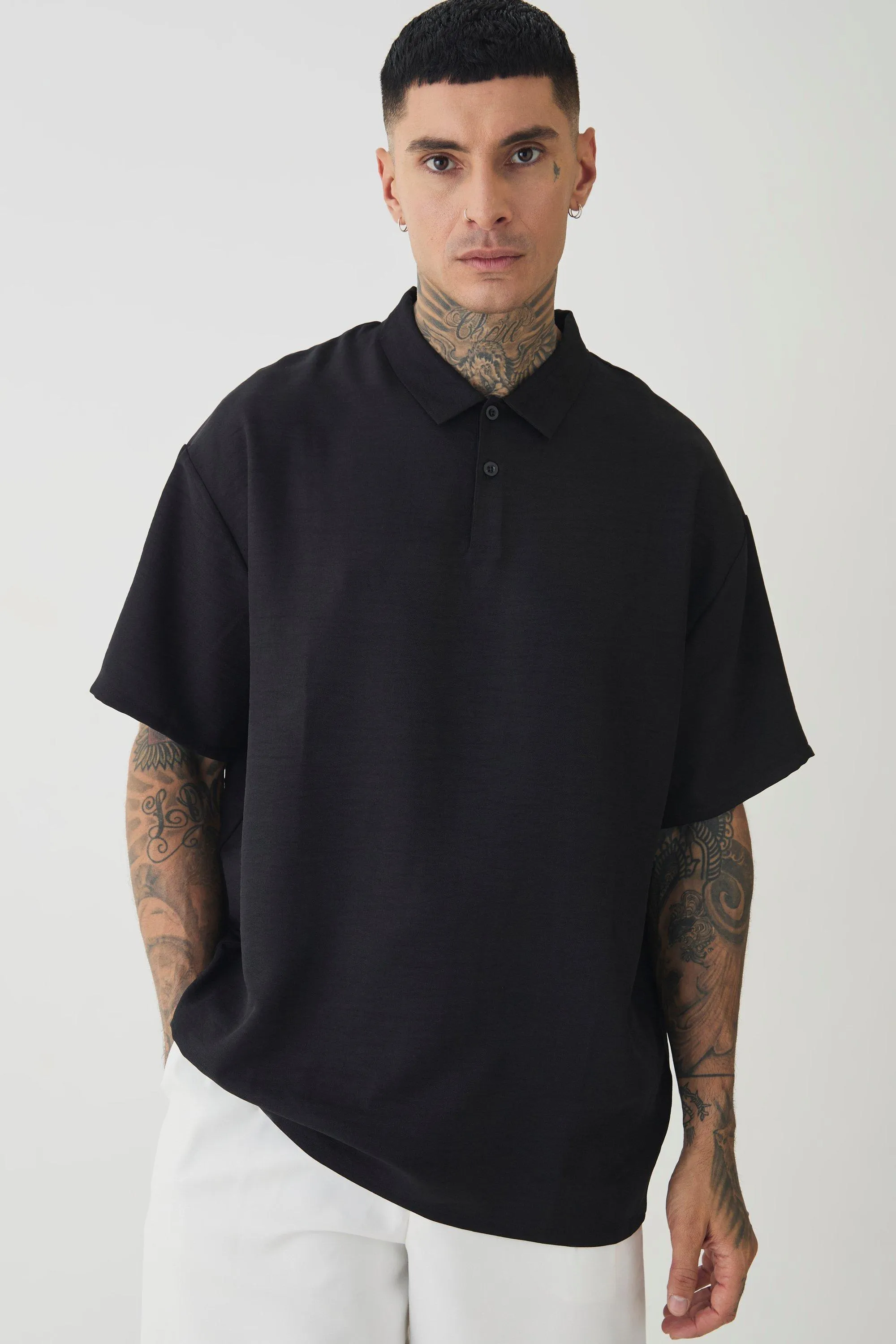 Tall Linen Polo In Black | boohooMAN UK