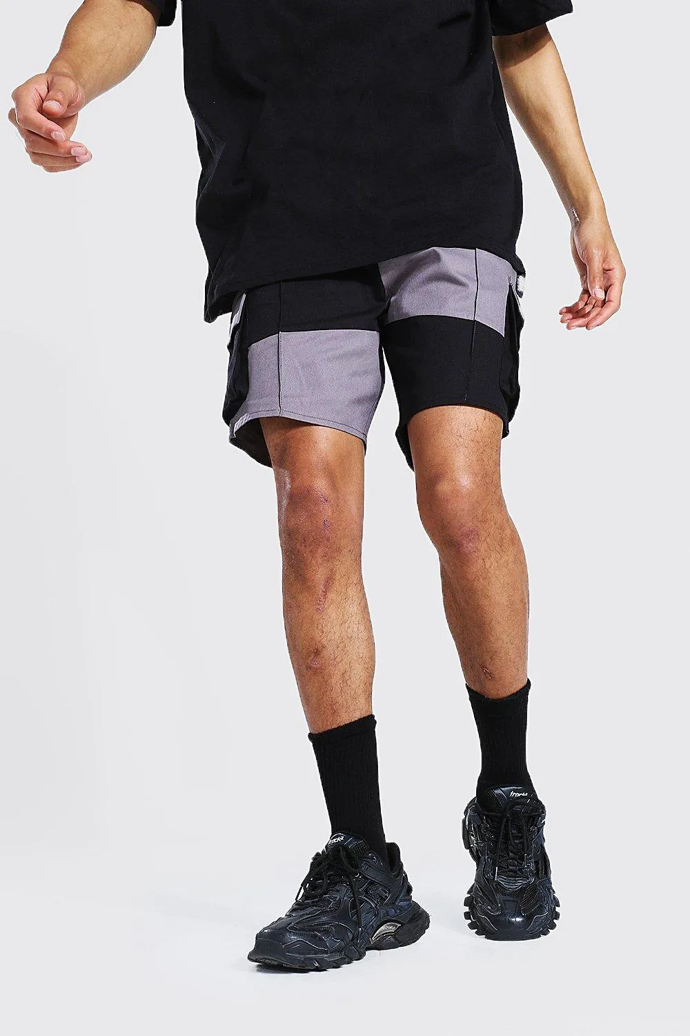 Tall Patchwork Twill Cargo Shorts | boohooMAN UK