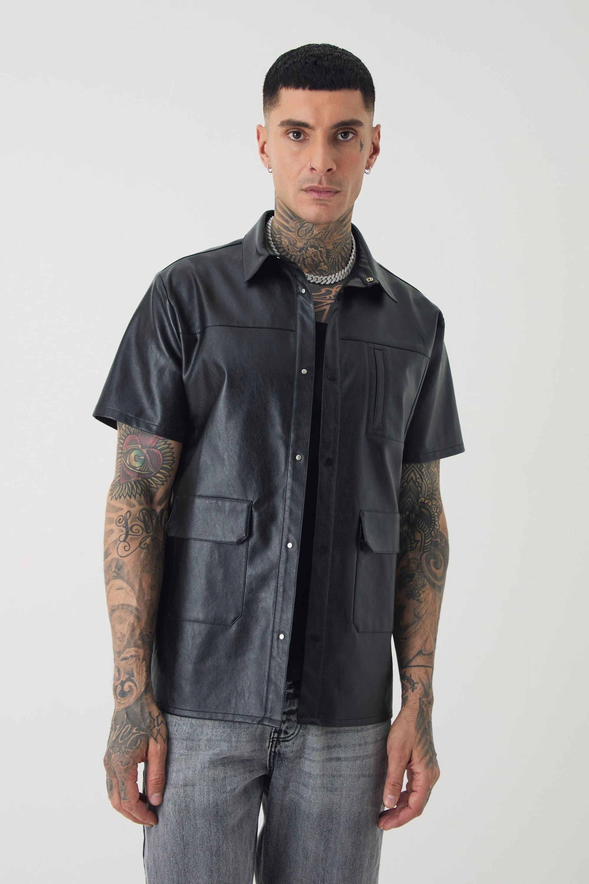 Tall PU Utility Pocket Shirt | boohooMAN UK