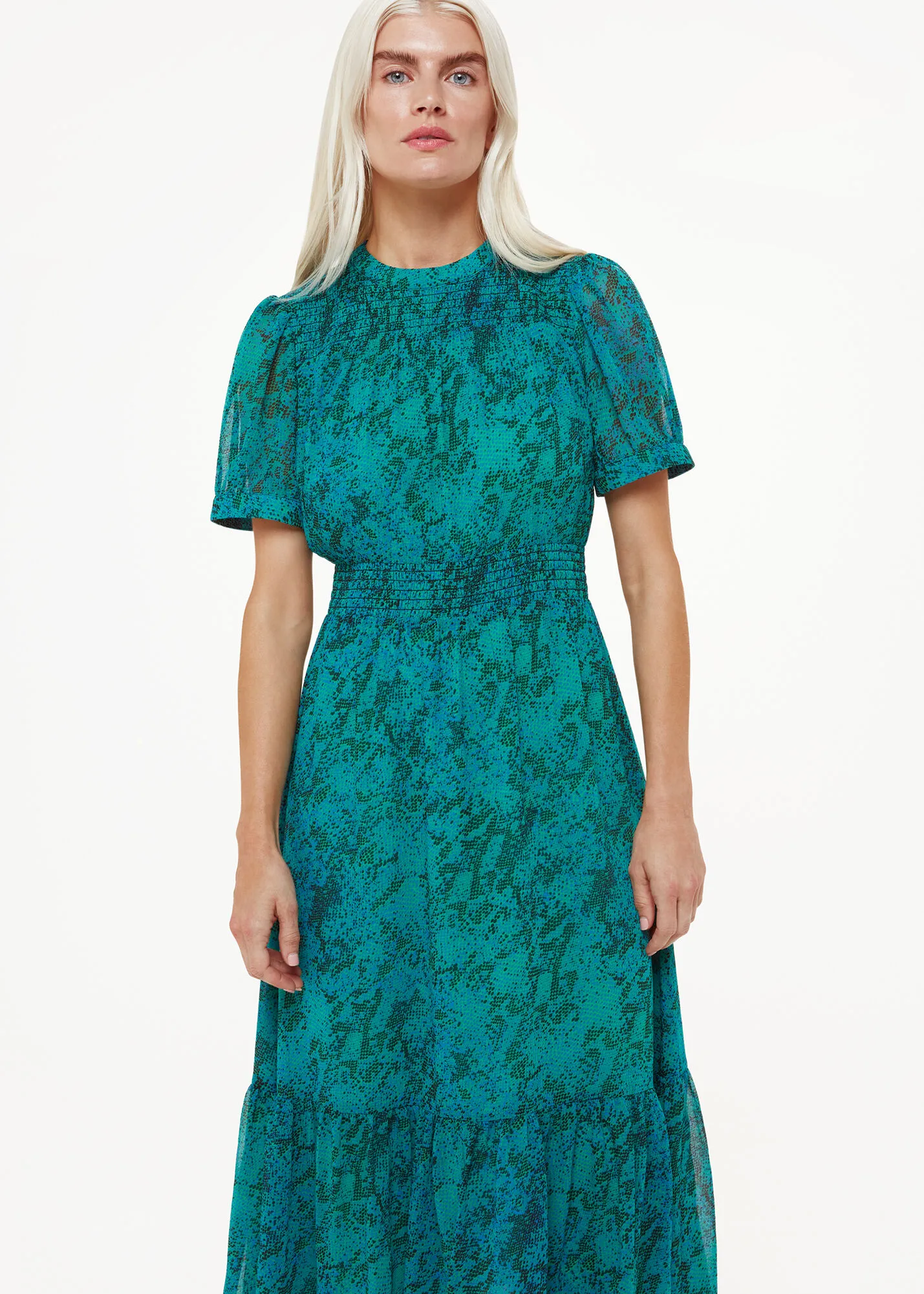 Teal Petite Diagonal Snake Shirred Dress