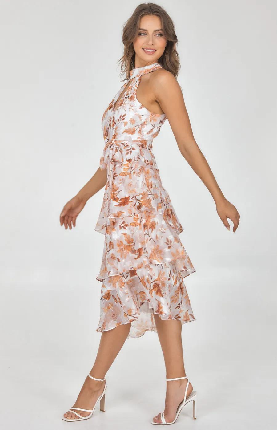 Textured Chiffon Asymmetric Tiered Hem Dress (SDR1121A)