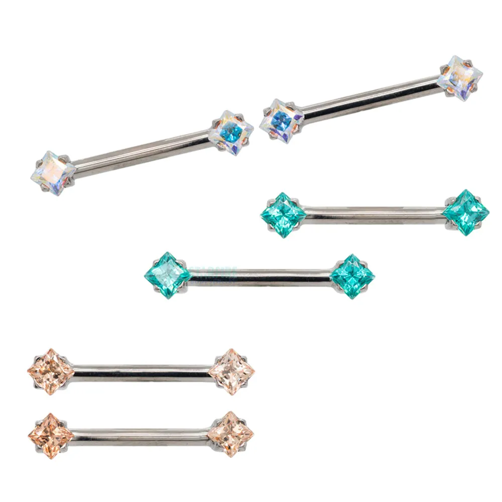 threadless: Princess-Cut Brilliant-Cut Gems Side-Set Nipple Barbells in Prong's - pair