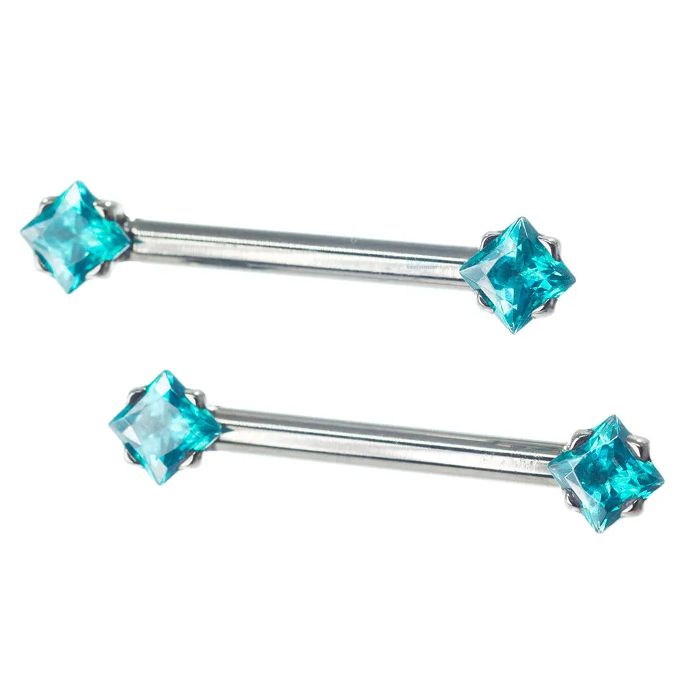 threadless: Princess-Cut Brilliant-Cut Gems Side-Set Nipple Barbells in Prong's - pair