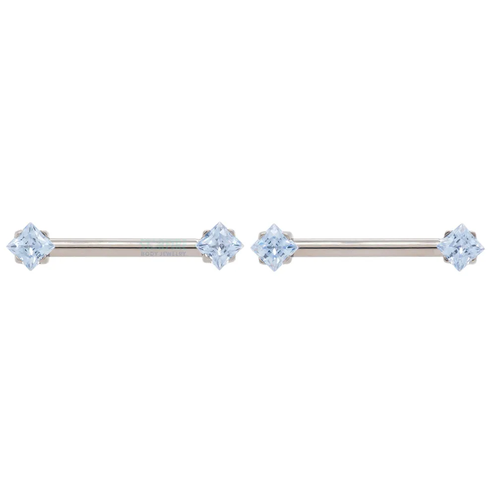 threadless: Princess-Cut Brilliant-Cut Gems Side-Set Nipple Barbells in Prong's - pair