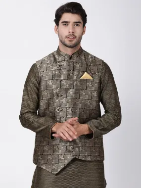 VASTRAMAY Men's Black and Golden Cotton Silk Blend Ethnic Jacket