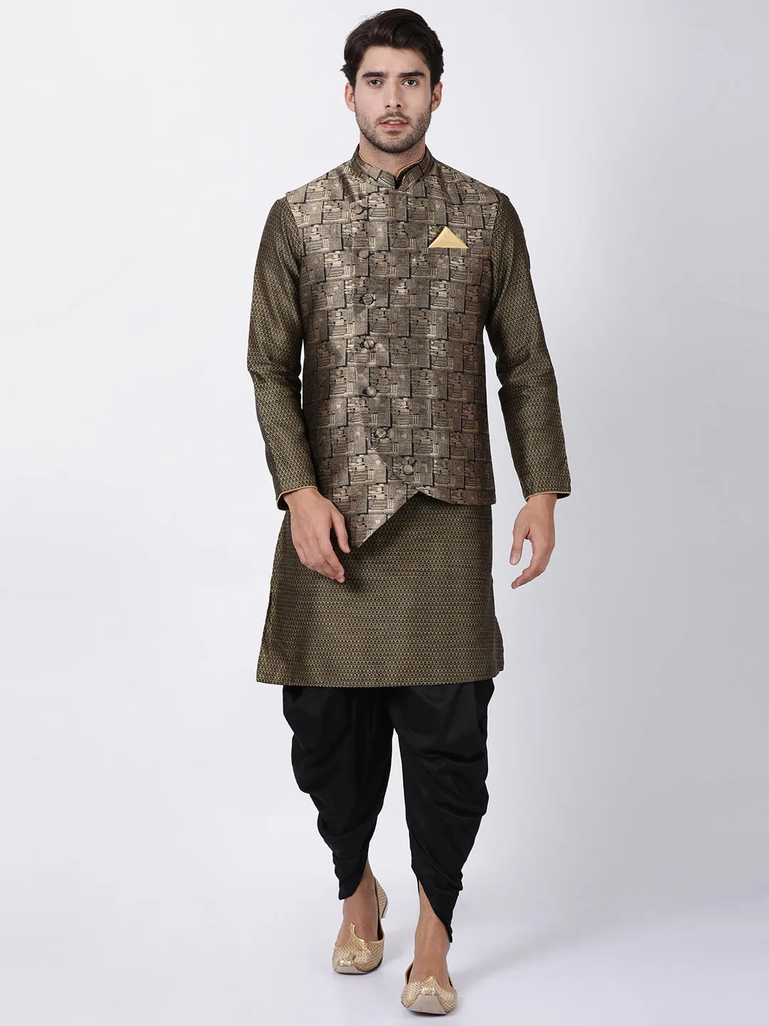 VASTRAMAY Men's Black and Golden Cotton Silk Blend Ethnic Jacket