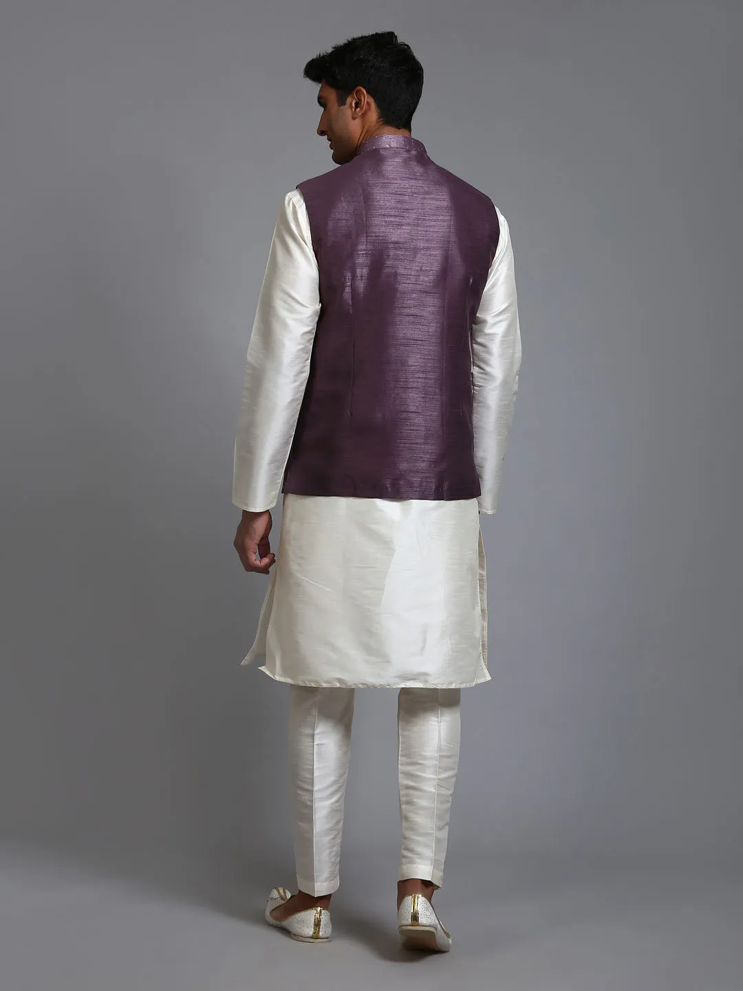 VM BY VASTRAMAY Men's Purple Embellished Jacket with Cream Kurta Pant Set