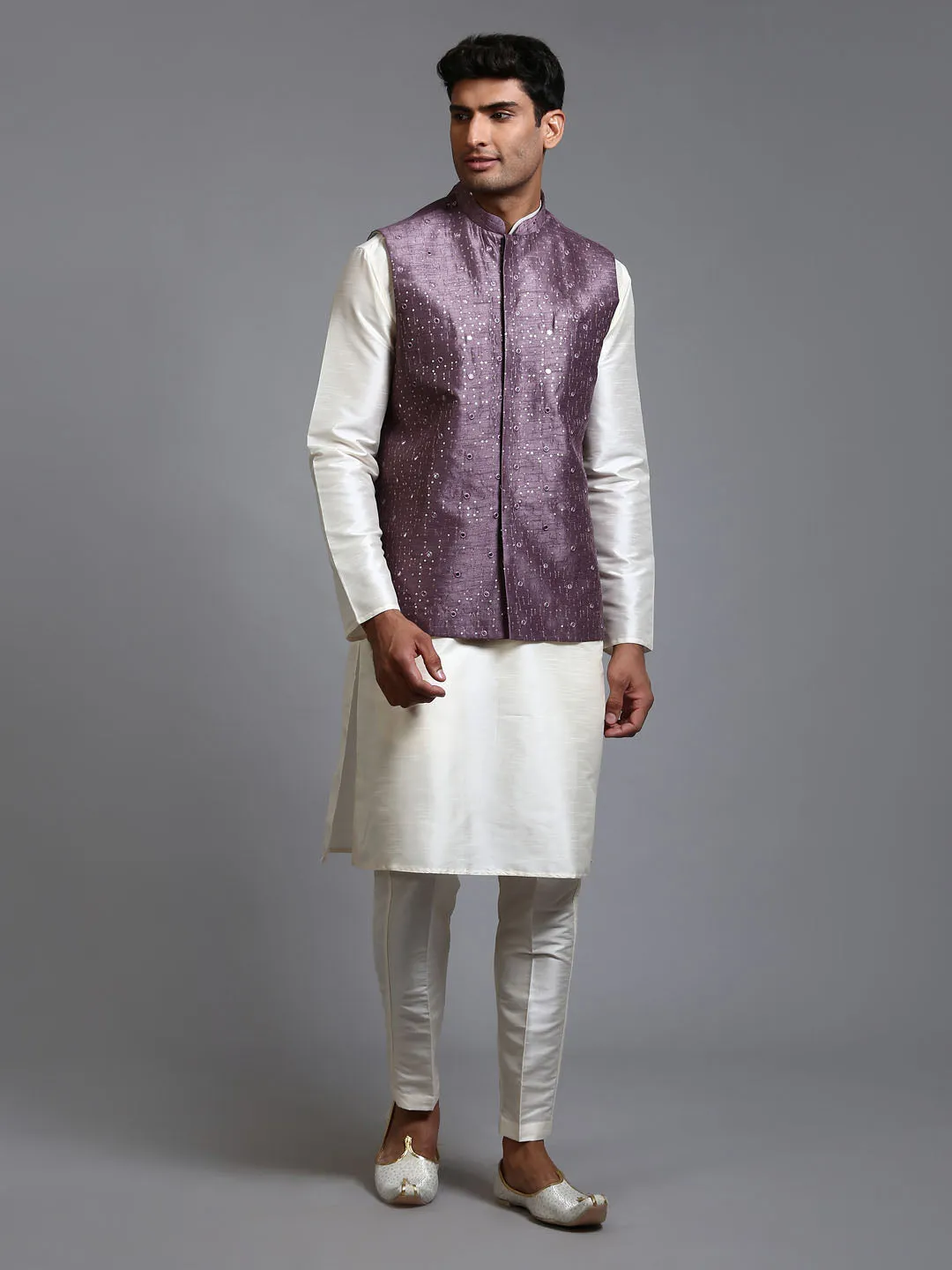 VM BY VASTRAMAY Men's Purple Embellished Jacket with Cream Kurta Pant Set