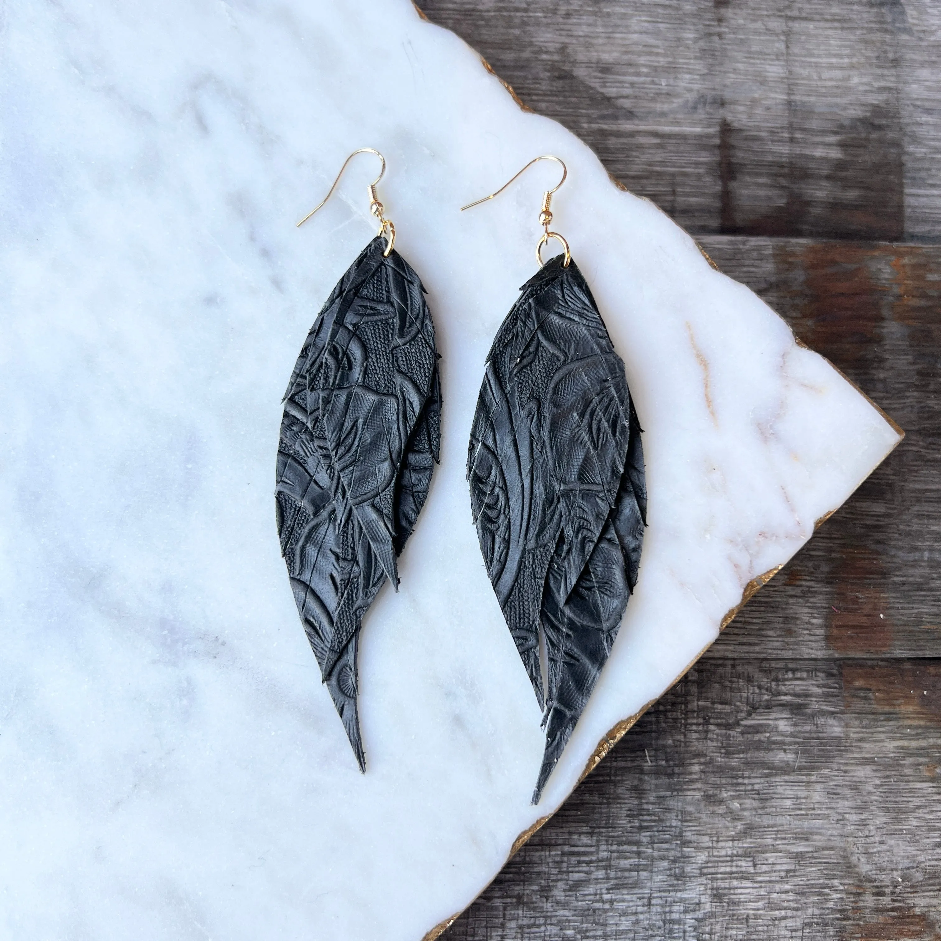 Wings of an Angel - Small - Embossed Black - Leather Earrings