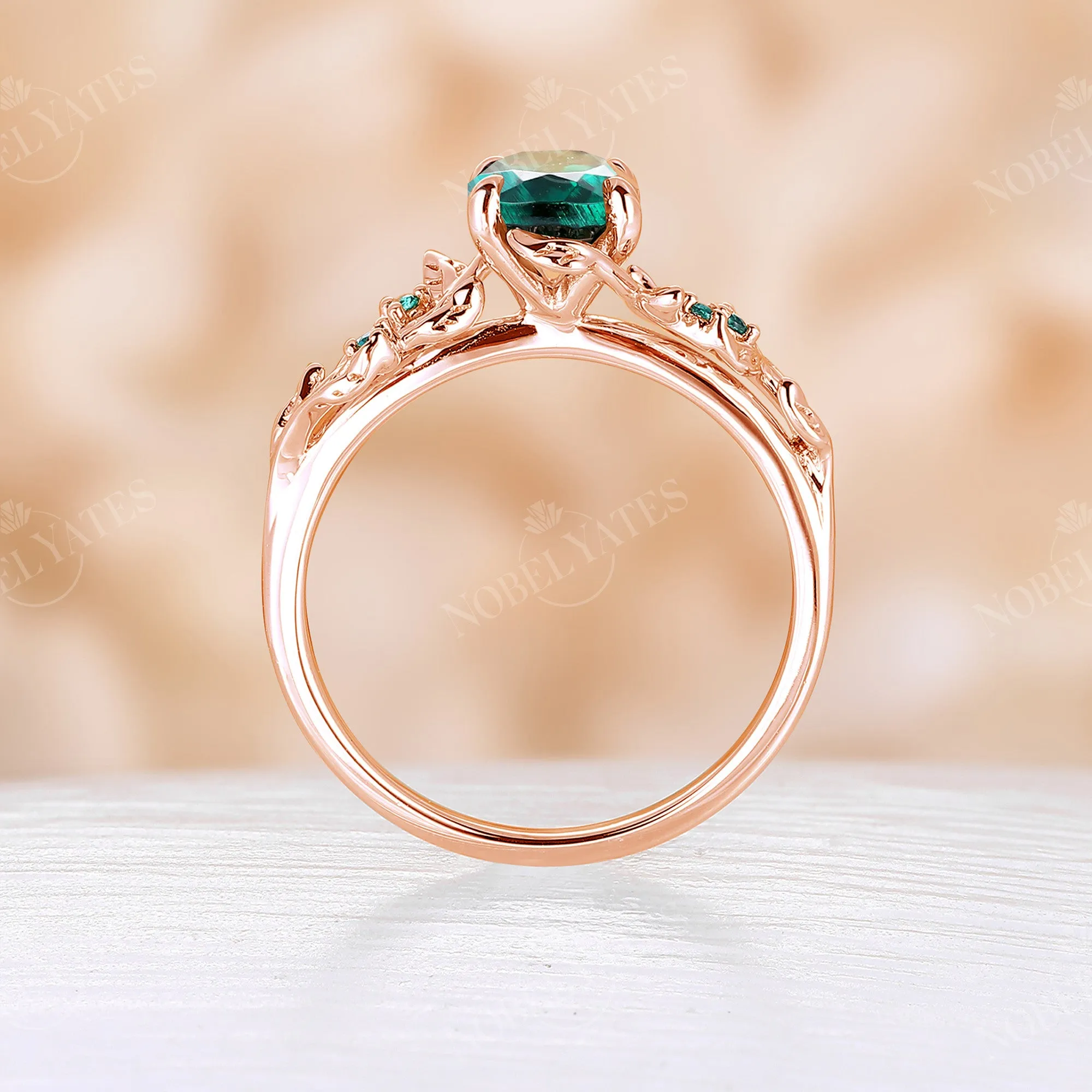 Yellow Gold Lab Emerald Oval Engagement Ring Set Nature Inspired