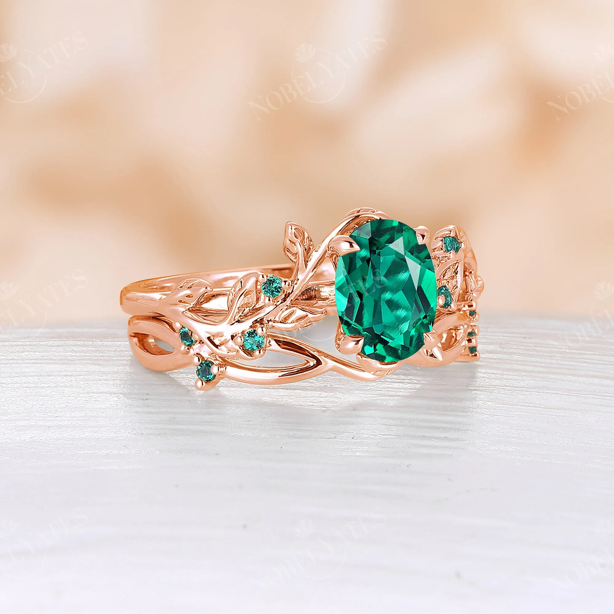 Yellow Gold Lab Emerald Oval Engagement Ring Set Nature Inspired