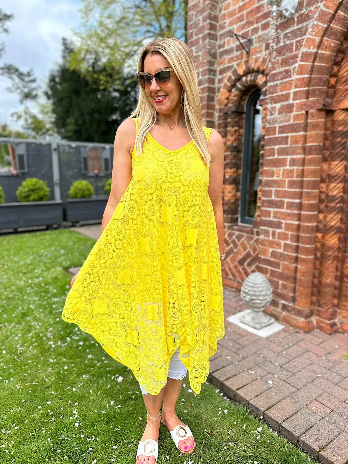 Yellow Lace V Neck Dress Tuscany