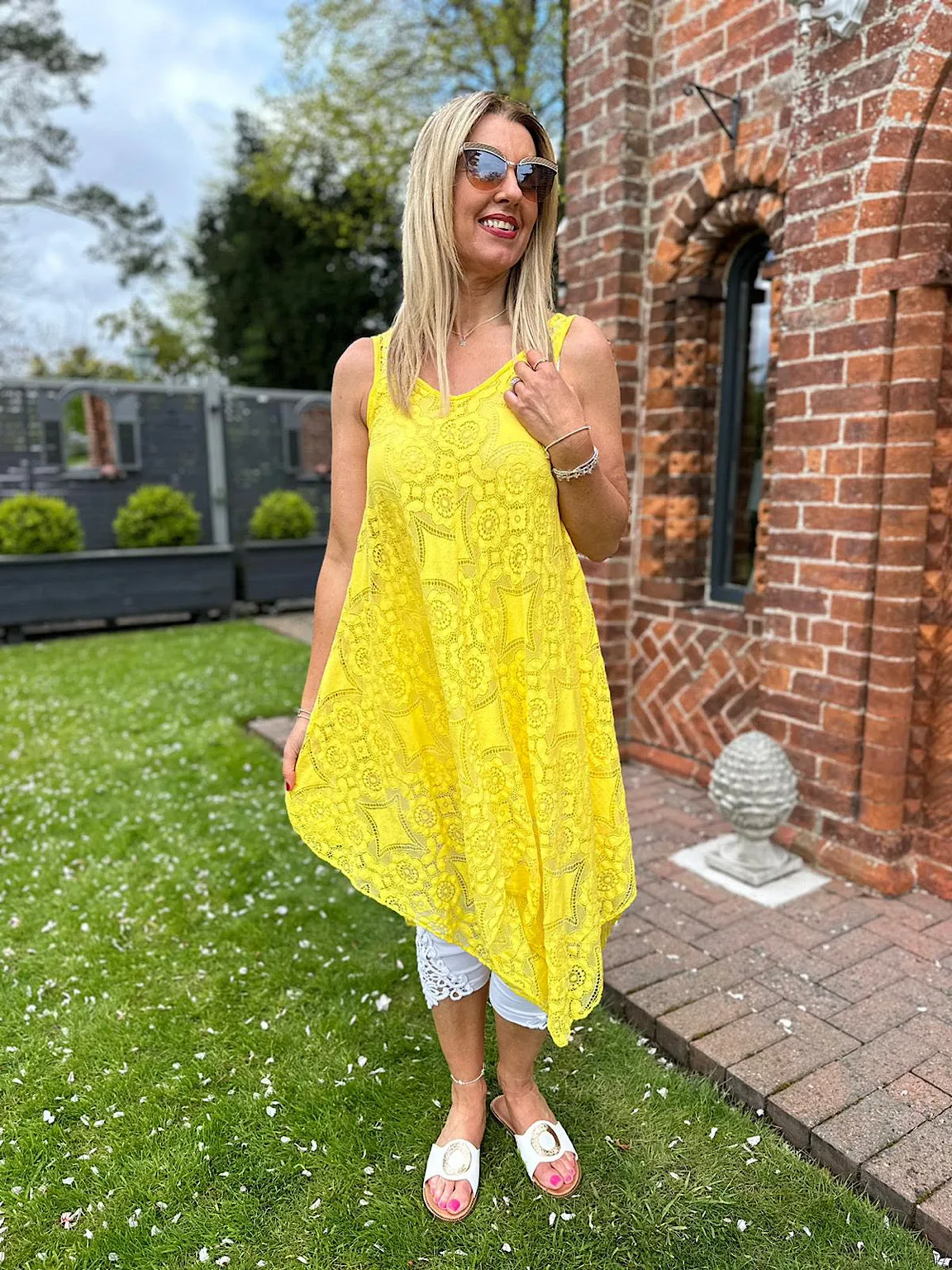 Yellow Lace V Neck Dress Tuscany