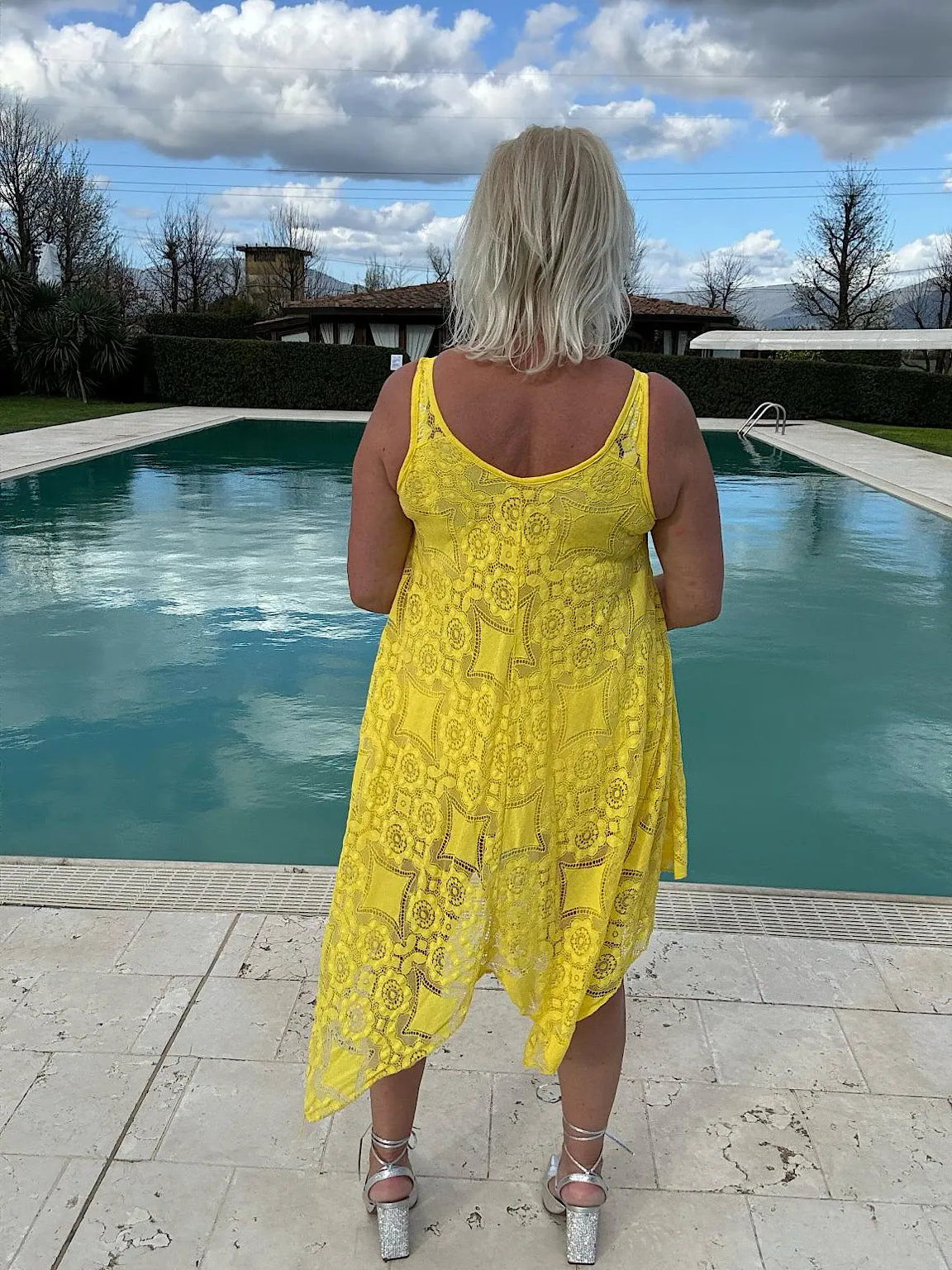 Yellow Lace V Neck Dress Tuscany