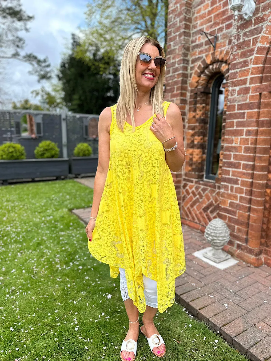 Yellow Lace V Neck Dress Tuscany