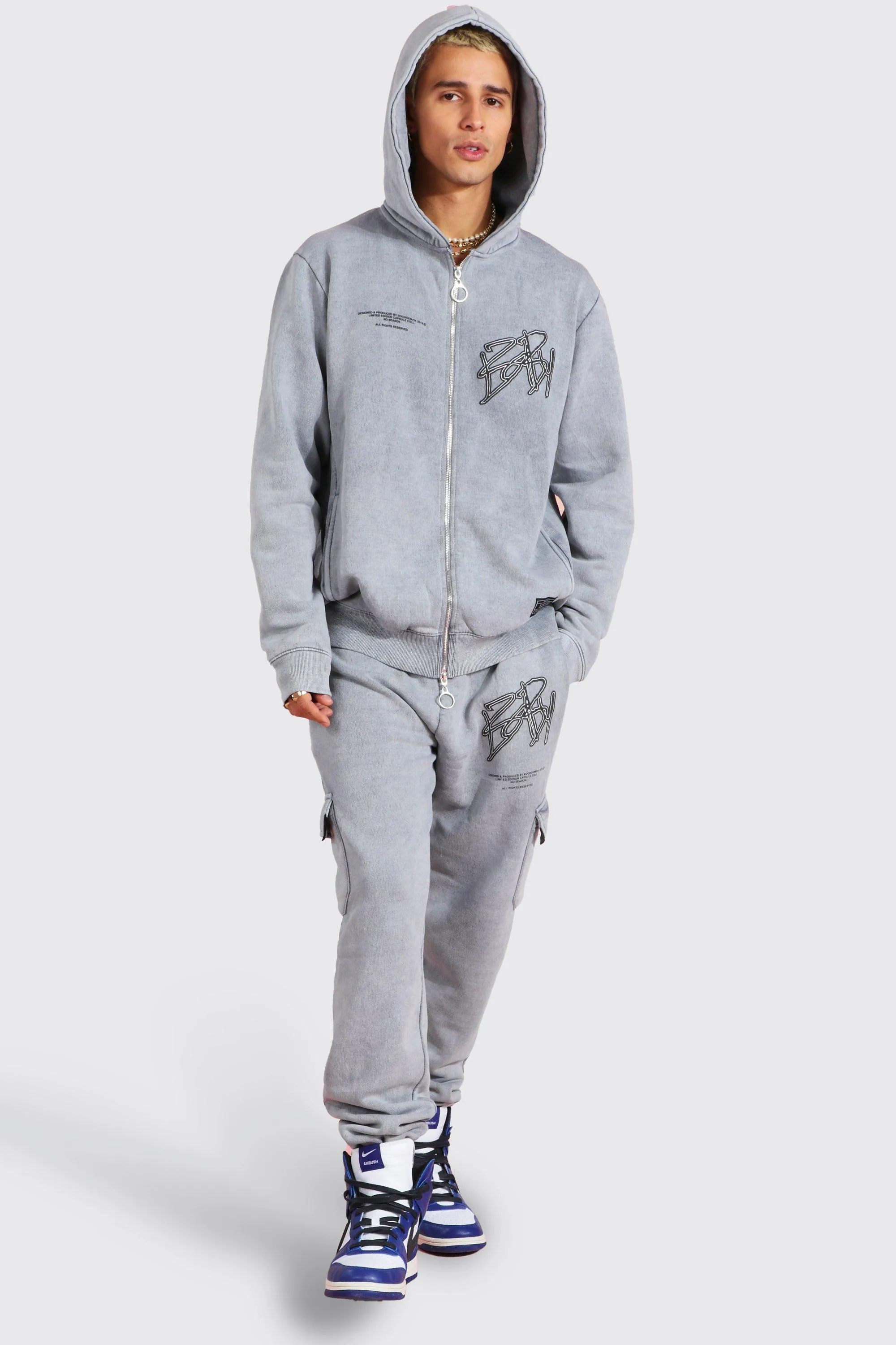 Zip Hooded Cargo Acid Wash Tracksuit